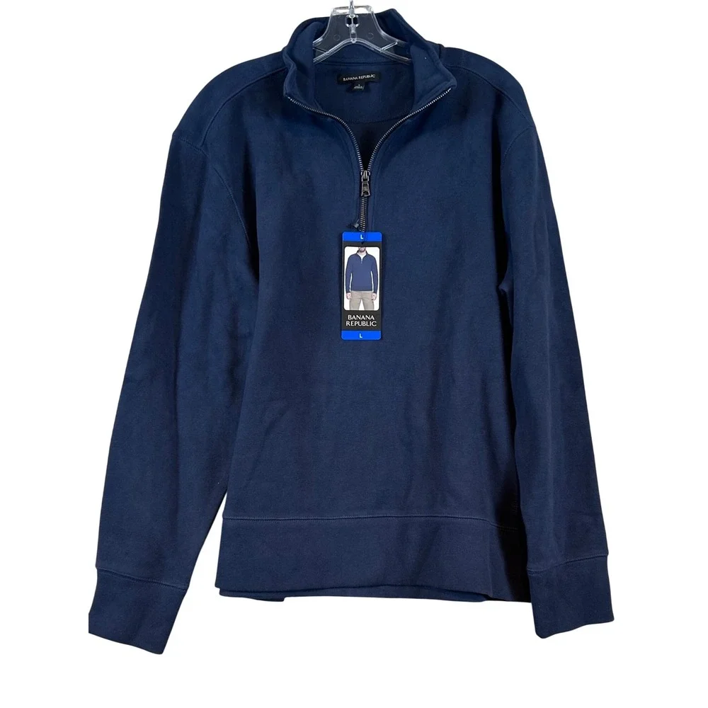 NWT Banana Republic Mens Navy Blue Quarter Zip Pullover Cotton Blend Sweater •L•